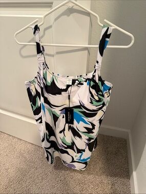 Abstract Floral-Print Women’s Bikini Top in White with Blue & Mint Accents